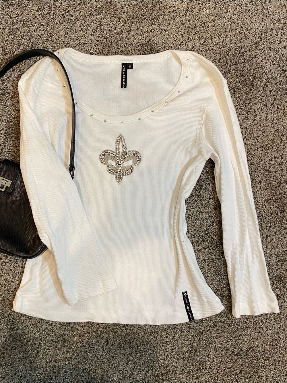 VINTAGE Y2K White Ribbed Long Sleeve Top Rhinestone Fleur-De-Lis Studded M Punk
